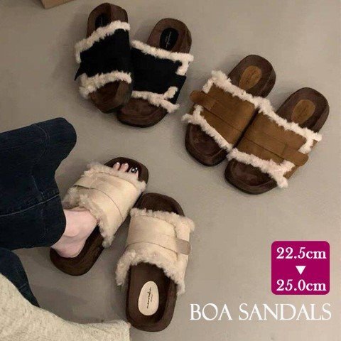 レディース シューズ ボア もこもこ ファー サンダル あったか フラット 23.5cm(37) 黒拍卖