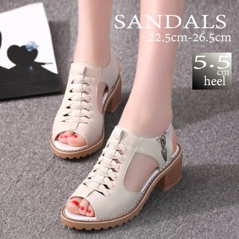 サンダル スタイルアップ チャンキーヒール 厚底 美脚 脚長 スタイルアップ 22.5cm(35) ベージュ拍卖