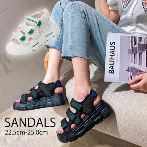 レディース ストラップサンダル オープントゥ スタイルアップ 幅広 フラット 歩きやすい 厚底 24.5cm(39) オフホワイト拍卖