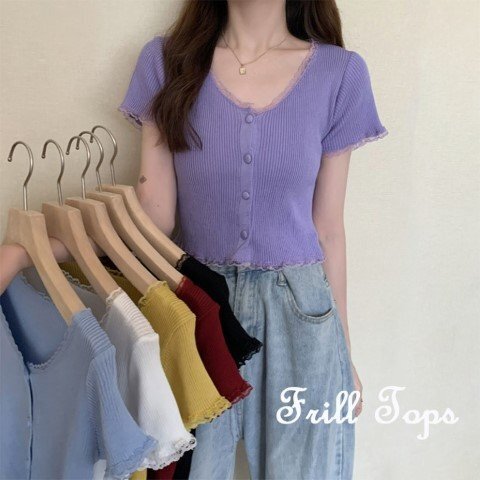 カットソー 半袖 トップス プルオーバー ニット 羽織 カーディガン フロントボタン 前開き リブニット フリル ワンサイズ レッド拍卖