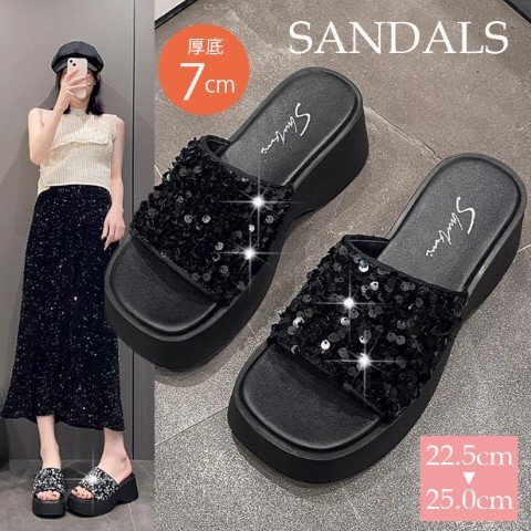レディース ミュール オープントゥ スタイルアップ スパンコール 厚底 歩きやすい キラキラ 23.0cm(36) 黒拍卖