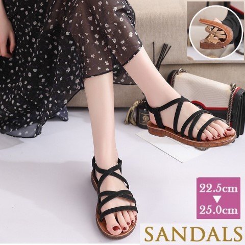 レディース ストラップサンダル 歩きやすい 幅広 フラット 歩きやすい ぺたんこ ストラップ 黒 24.0cm(38) ブラウン拍卖