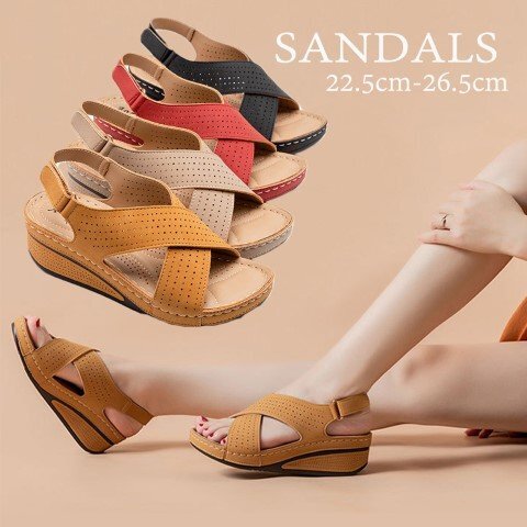 サンダル スタイルアップ ウェッジソール 通気性 厚底 美脚 脚長 スタイルアップ 24.5cm(39) アプリコット拍卖