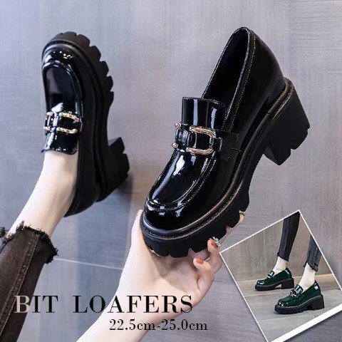 ローファー パンプス 光沢 艶感 金具 厚底 黒 グリーン 美脚 脚長 23.5cm(37) グリーン拍卖