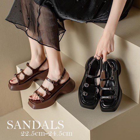 サンダル スタイルアップ 厚底 コンフォートサンダル ベルトサンダル ストラップ 23.5cm(37) コーヒー拍卖