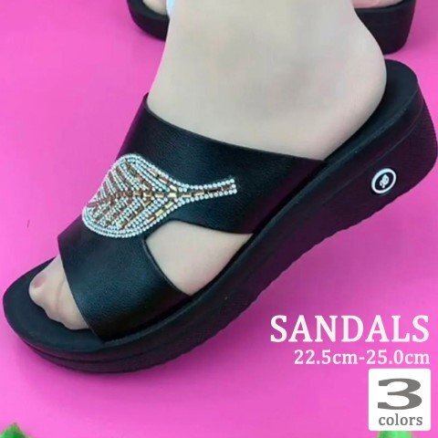 レディース オープントゥ シンプル 歩きやすい レッド ホワイト 白 ぺたんこ 低め リーフ 25.0cm(40) 黒拍卖