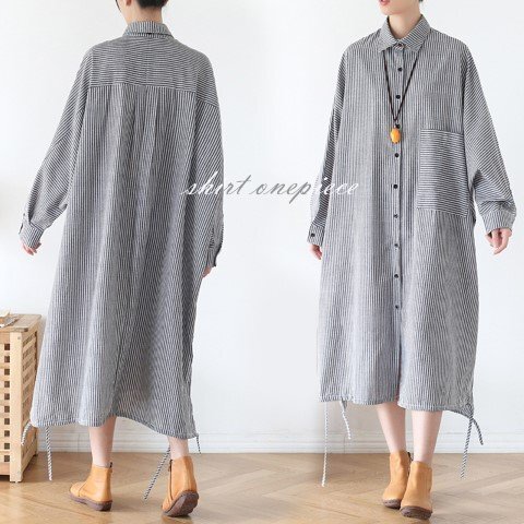 シャツワンピース 長袖 ロングワンピース ストライプ カジュアル ゆったり 羽織り拍卖
