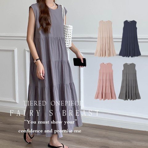 ロングワンピース ティアードワンピース フレンチスリーブ ノースリーブ 袖なし レディース フリー ピンク拍卖