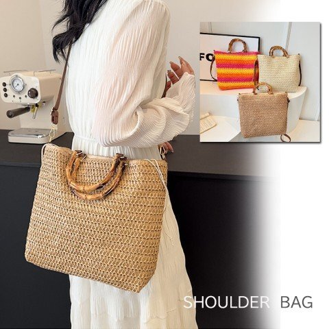 トートバッグ 動画あり かご風 ストローバッグ ナチュラル かわいい 大容量 軽い 夏バッグ ワンサイズ カーキ拍卖