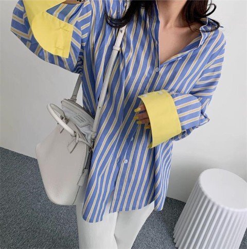 トップス シャツ ブラウス 長袖 ストライプ柄 シンプル カジュアル お出かけ レディース XL ブルー拍卖