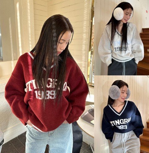 トップス ニット 長袖 英字ロゴ シンプル カジュアル ゆったり フリー ブルー拍卖