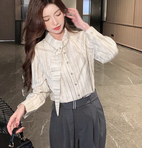 トップス シャツ ブラウス 長袖 プリント柄 きれいめ 上品 オフィスカジュアル シンプル お出かけ デート レディース M ベージュ拍卖