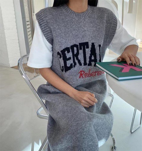 500円 同梱不可 カジュアル ノースリーブ ニットワンピース フリー アプリコット拍卖