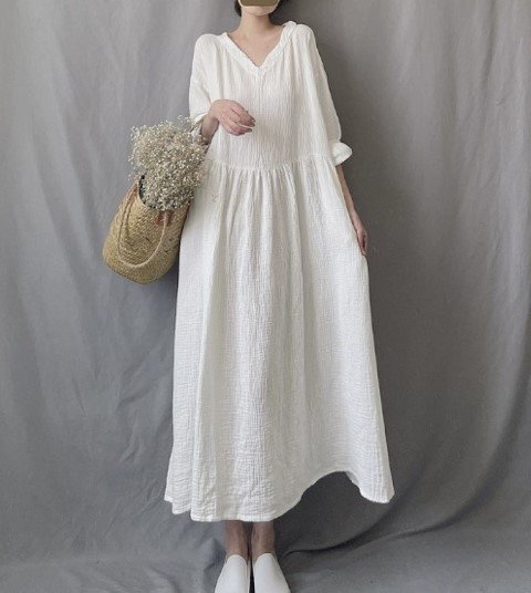 ロングワンピース フリルワンピ 長袖 マキシ丈ワンピ シンプル 無地 Vネック カジュアル L ホワイト拍卖