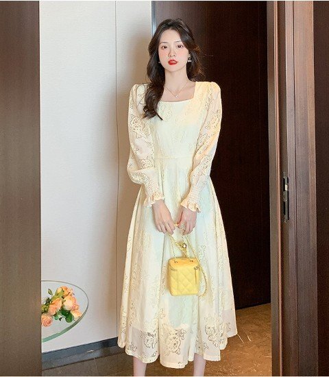 ロングワンピース フレアスカート 長袖 スクエアネック シンプル カジュアル お出かけ レディース 4XL ベージュ拍卖