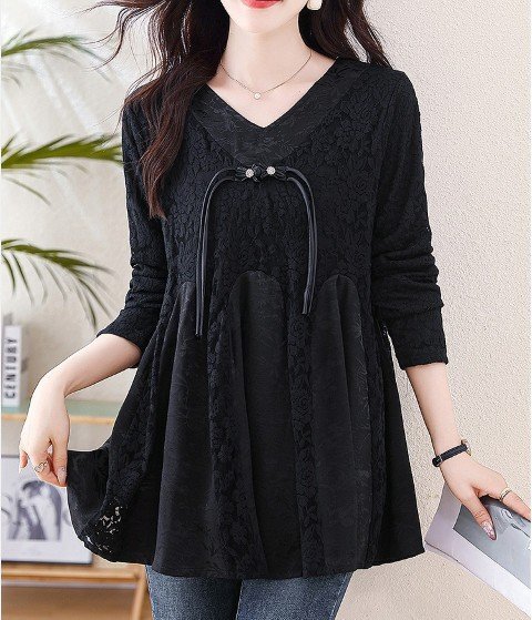 トップス 長袖 フレア シンプル カジュアル かわいい レディース 3XL ブラック拍卖