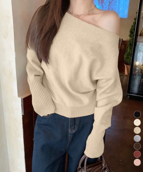 ボートネックニットトップスオフショルダー ワンサイズ ブラック拍卖