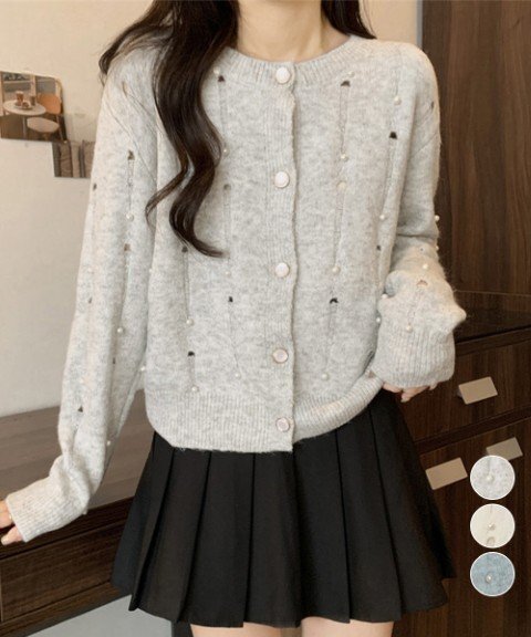 パール付き ニットカーディガン大人可愛い ワンサイズ ブルー拍卖