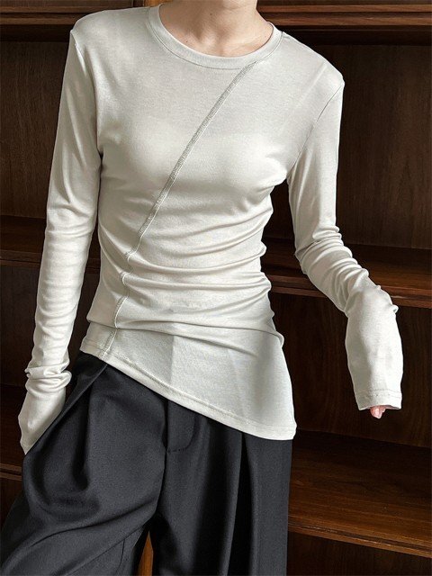 トップス Tシャツ 長袖 スリム 細身 シンプル カジュアル レディース M ブラック拍卖