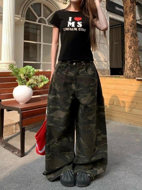 Gパン ジーパン ジーンズ 切り替え バイカラー 体型カバー 着痩せ ハイウエスト デニム 迷彩 ミリタリー 2L カモフラ拍卖