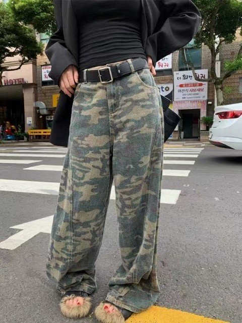 Gパン ジーパン ジーンズ 切り替え バイカラー 体型カバー 着痩せ デニム 迷彩 ミリタリー XL カモフラ拍卖