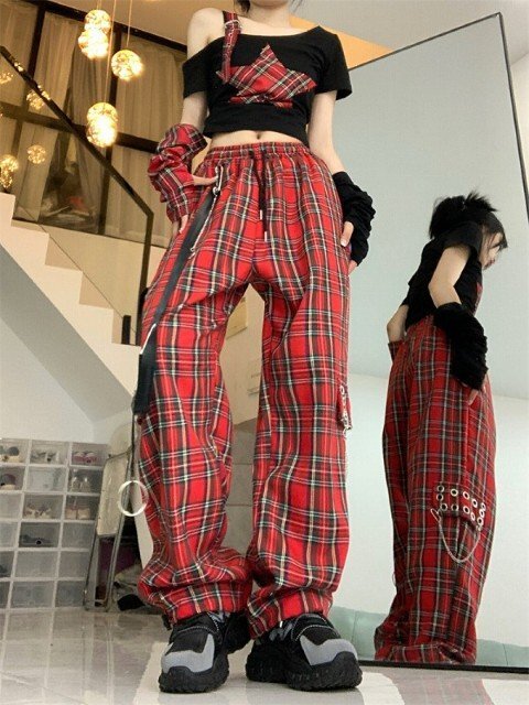 ワイド バギーパンツ 切り替え バイカラー 体型カバー 着痩せ チェック柄 カジュアル M レッド拍卖