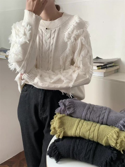 500円 同梱不可 カジュアル レトロ ニット生地 タッセル プルオーバー セーター カットソー フリー グリーン拍卖