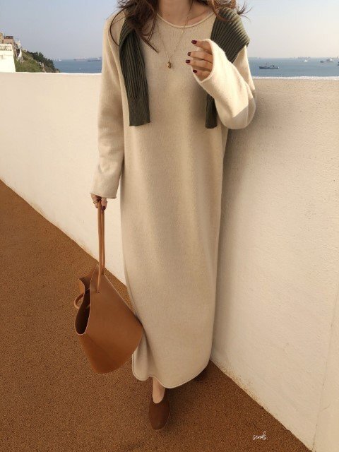 カジュアル レトロ ニット生地 ラウンドネック ロング ニットワンピース フリー ブラック拍卖