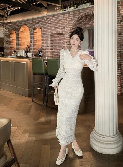 ロングワンピース 長袖 ボリューム袖 レース セクシー キャバクラドレス レディース L ホワイト拍卖