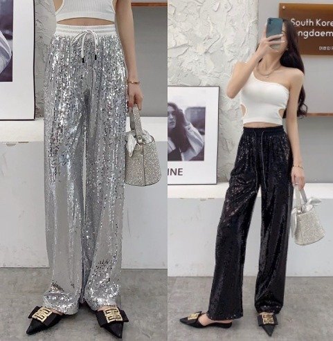 パンツ 切り替え 体型カバー 着痩せ スパンコール カジュアル フリー ブラック拍卖