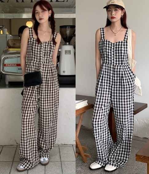 全2色 オールインワン オーバーオール ノースリーブ 切り替え バイカラー スリム 着痩せ チェック柄 シンプル フリー ブラウン(色品番1)拍卖