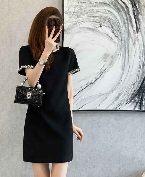 半袖ワンピース 切り替え スリム 着痩せ シンプル L ブラック拍卖