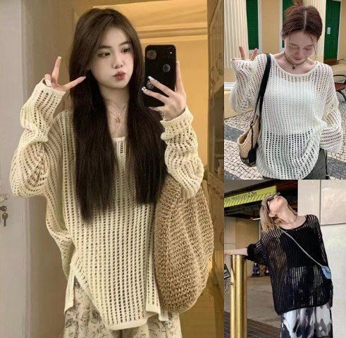 長袖トップス 透け編み 日焼け止め 体型カバー 着痩せ カットソー カジュアル フリー オフホワイト拍卖