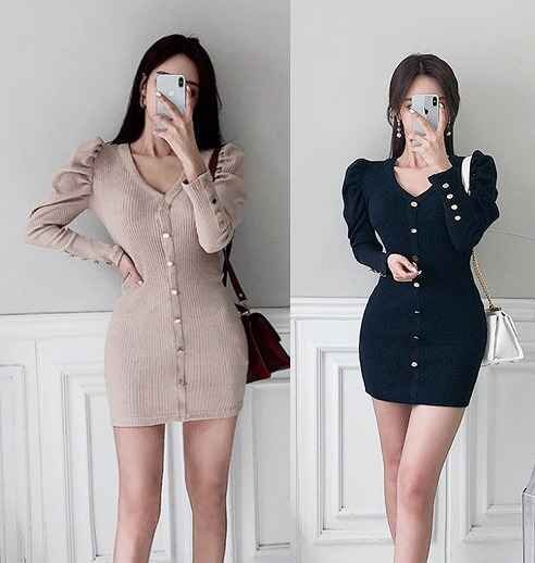 全2色 ニットワンピース 厚手 シャーリング 長袖 ボリューム袖 スリム 着痩せ カットソー 無地 sweet フリー ベージュ拍卖