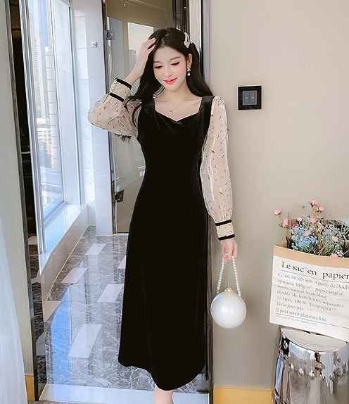 長袖ワンピース フリル 切り替え バイカラー スリム 着痩せ sweet系 M ブラック拍卖