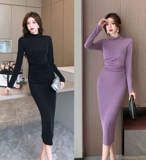 長袖ワンピース ひざ丈 タイトワンピ きれいめ 無地 カジュアル 秋冬 L ブラック拍卖