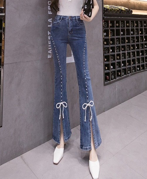 Gパン ジーパン ジーンズ スリット ハイウエスト 切り替え スリム 着痩せ デニム L ブルー拍卖