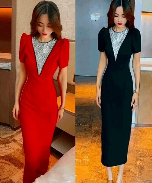 半袖ワンピース フリル 切り替え スリム 着痩せ シンプル S レッド拍卖