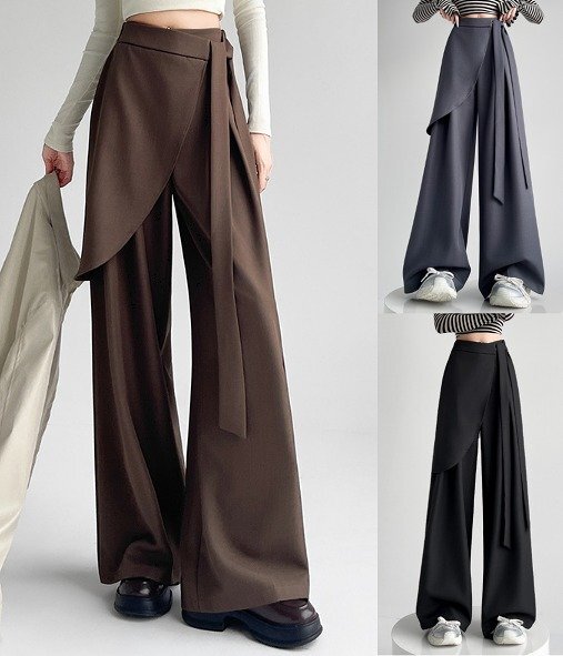 ワイド バギーパンツ ハイウエスト 切り替え 体型カバー 着痩せ XL グレー拍卖