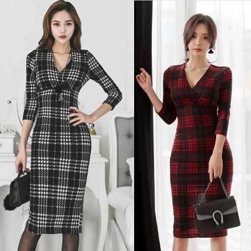 全2色 タイトワンピース 切り替え バイカラー スリム 着痩せ チェック柄 シンプル M レッド拍卖