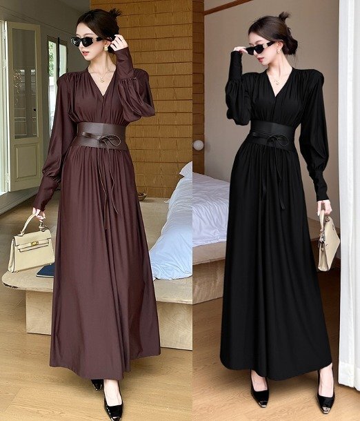 長袖ワンピース フリル 切り替え スリム 着痩せ シンプル M ブラウン拍卖