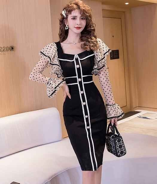 タイトワンピース フリル 切り替え バイカラー スリム 着痩せ ドット柄 sweet系 L ブラック拍卖