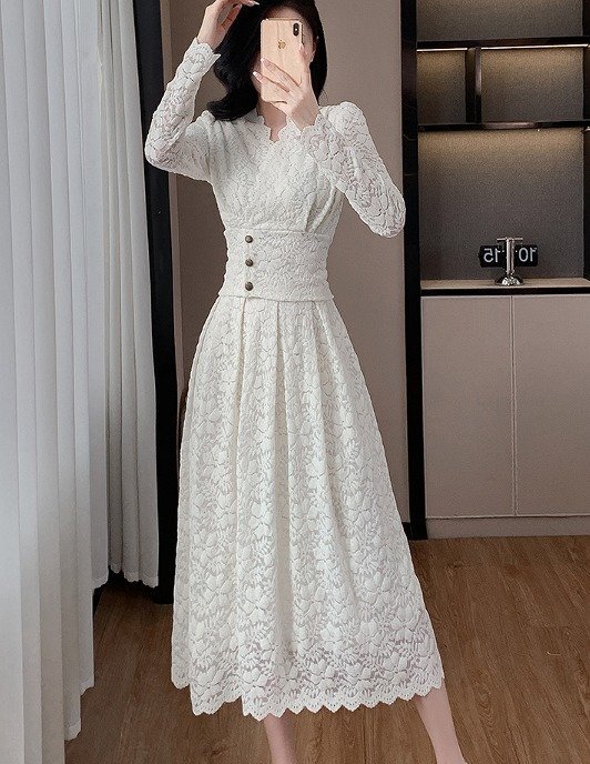 ロングワンピース フリル 長袖 レース お出かけ シンプル カジュアル デート レディース M オフホワイト拍卖