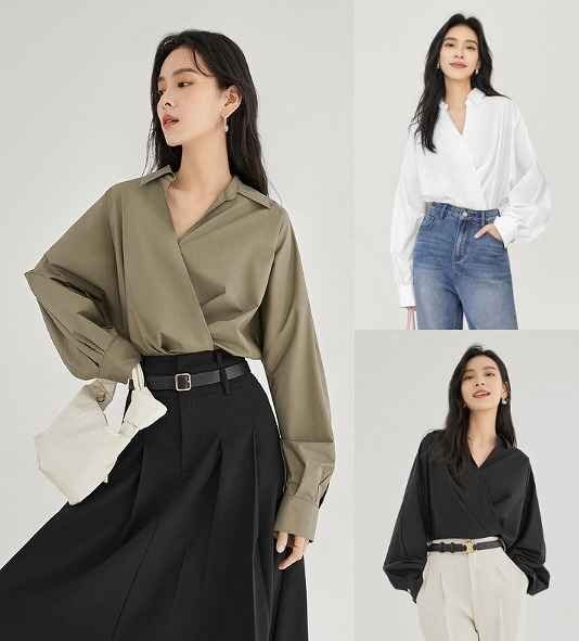 長袖シャツ Vネック きれいめシャツ カットソー トップス ブラウス オフィスカジュアル シンプル 無地 秋冬 XL オリーブ拍卖