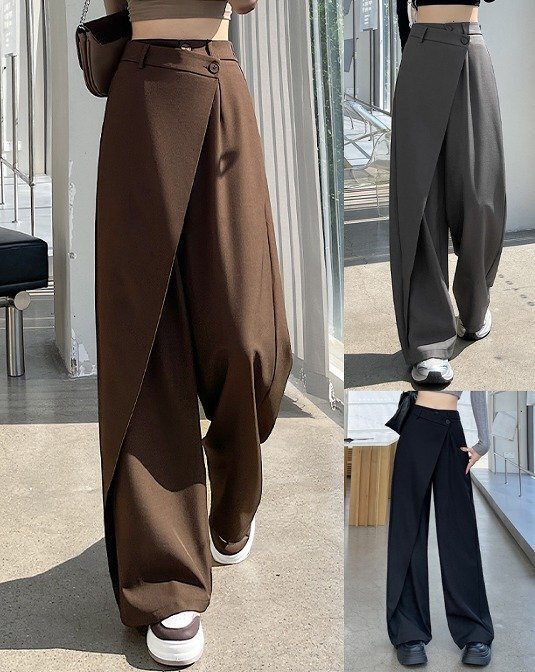 ワイド バギーパンツ アシンメトリー 切り替え 体型カバー 着痩せ XL グレー拍卖