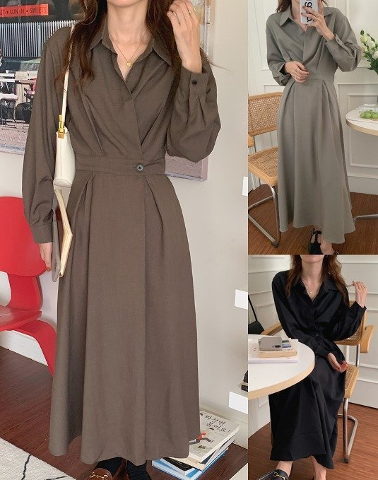 ワンピース フリル 切り替え スリム 着痩せ シンプル フリー ブラウン拍卖