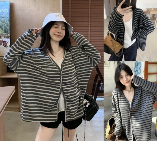 カーディガン 切り替え バイカラー 体型カバー 着痩せ 長袖 ボーダー柄 S 色品番1拍卖