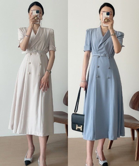 ロングワンピース 半袖 ダブルボタン きれいめ 大人コーデ シンプル フレアスカート お出かけ レディース S ベージュ拍卖