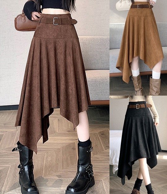 スカート アシンメトリー フリル 切り替え 体型カバー 着痩せ L ブラック拍卖