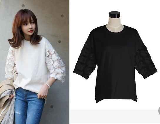 全2色 五分袖 七分袖Tシャツ 切り替え 体型カバー 着痩せ レース 【大きいサイズあり】 sweet系 S ブラック拍卖